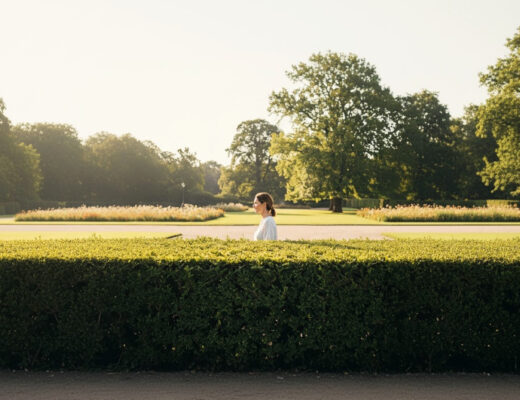 Eine Frau geht hinter einer Hecke entlang
